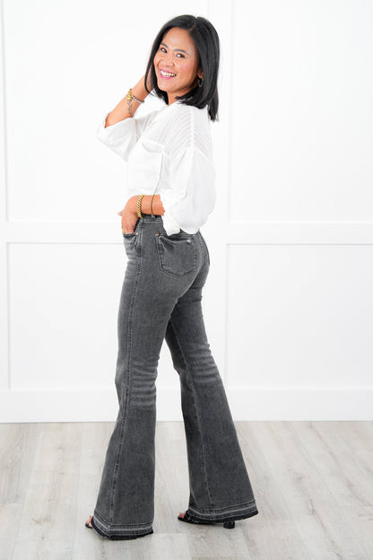 Judy Blue  The Luna Mid Rise Washed Gray Tummy Control Release Hem Flare Jeans