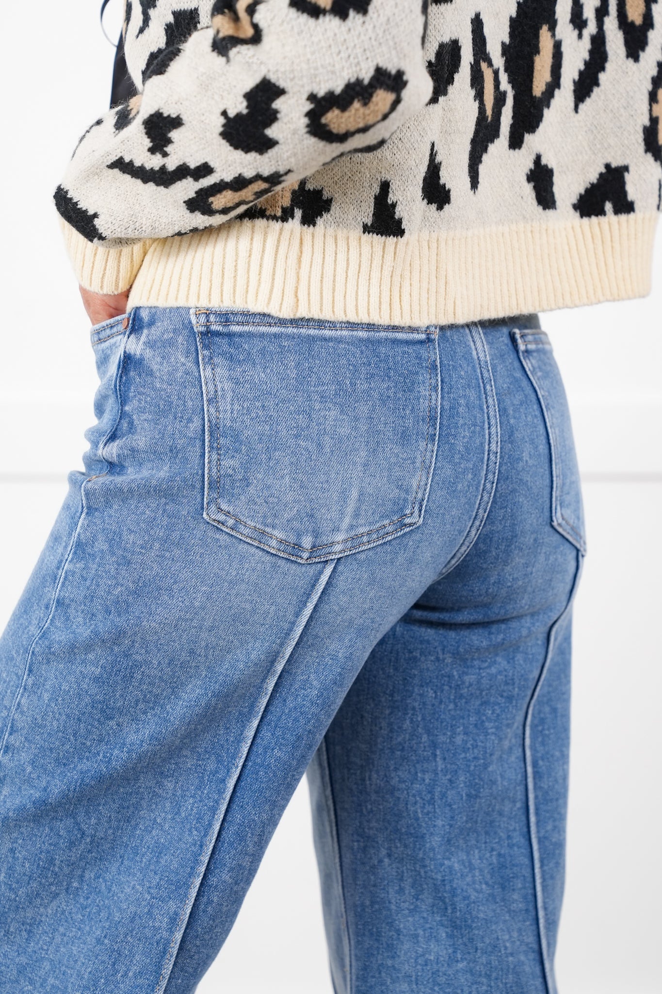 Risen High Rise Medium Wash Pintuck Detailed Wide Leg Jeans