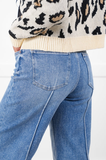 Risen High Rise Medium Wash Pintuck Detailed Wide Leg Jeans