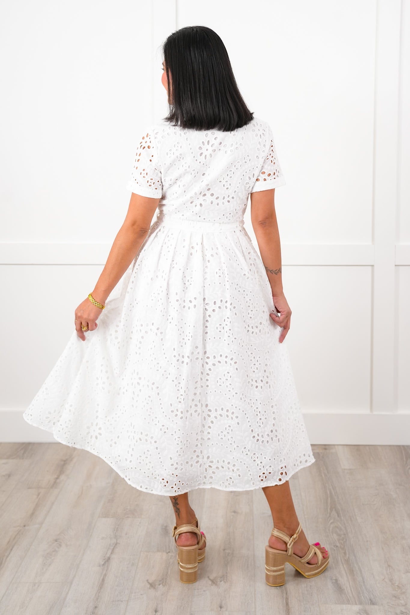 White Eyelet Short Sleeve Button Down Midi Dress with Belt Detail