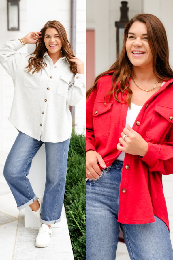 Plus/Reg Long Sleeve Button Down Knit Shacket