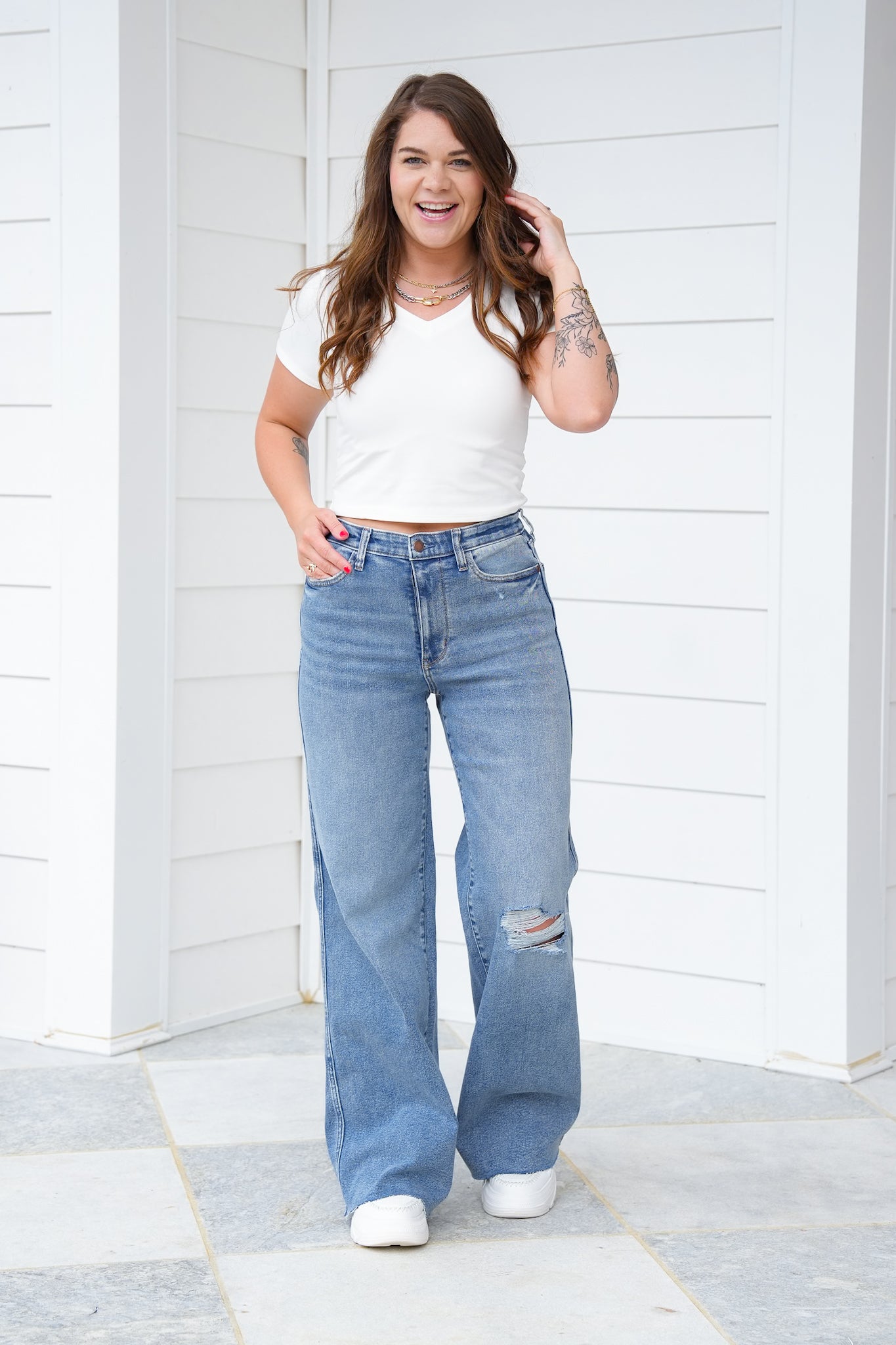 Judy Blue High Rise Medium Vintage Wash Distressed Wide Leg Jeans