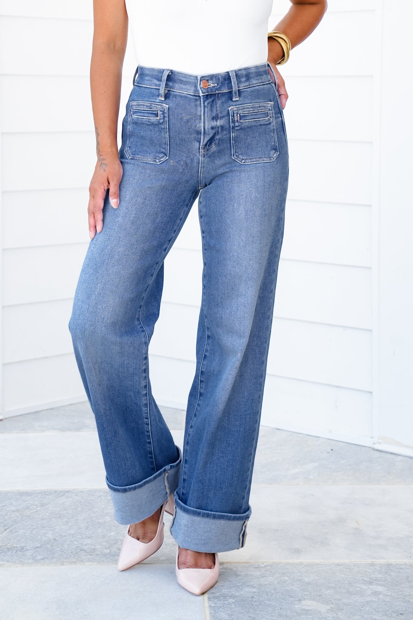 Risen High Rise Medium Wash Wide Leg Cuffed Front Patch Pocket Jeans with Elastic Waistband