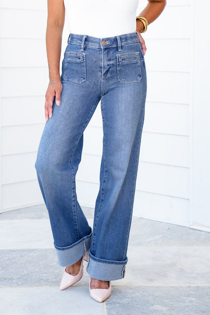 Risen High Rise Medium Wash Wide Leg Cuffed Front Patch Pocket Jeans with Elastic Waistband