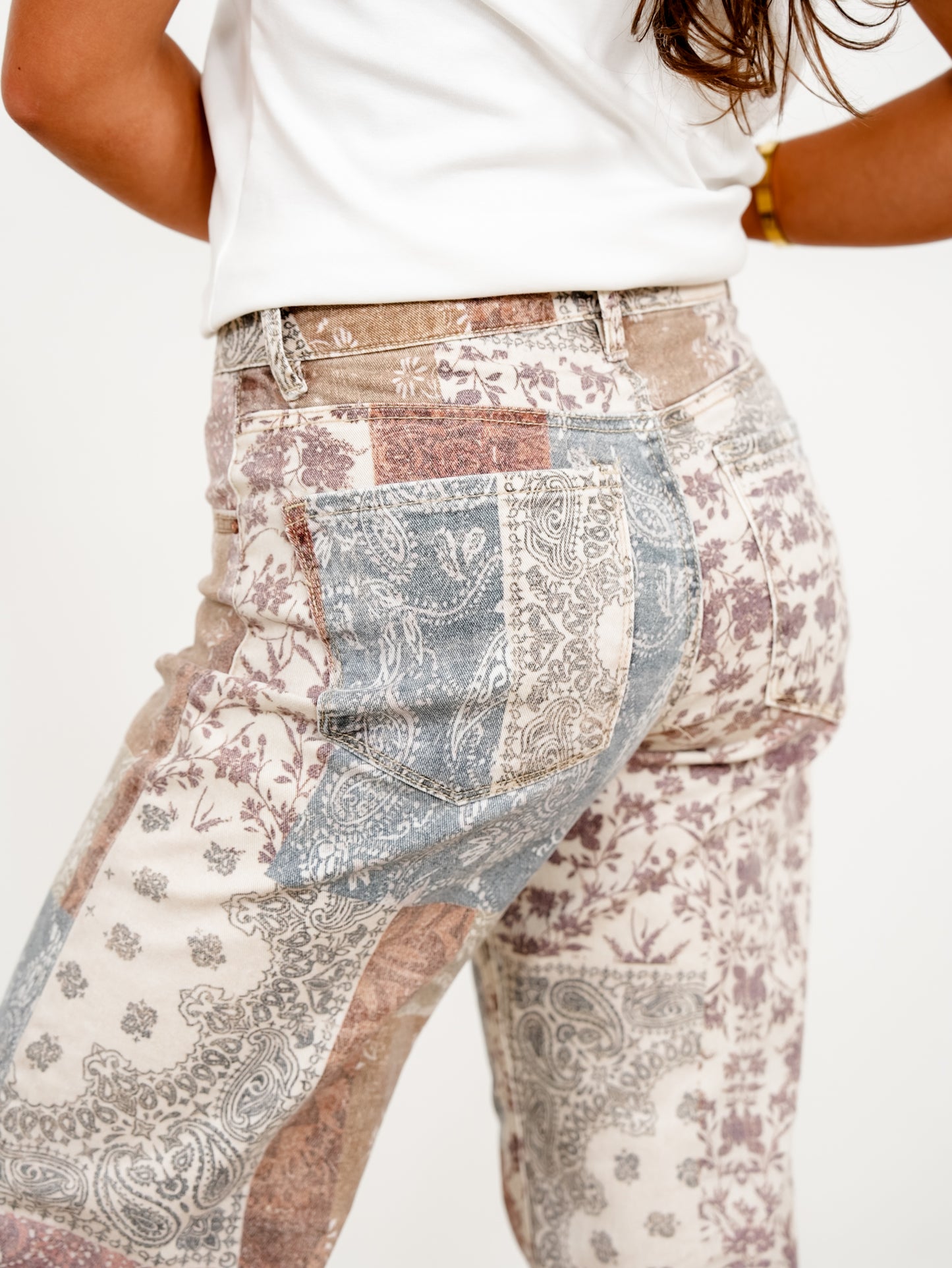 Risen High Rise Paisley Patchwork Wide Leg Ankle Jeans