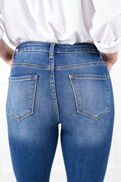 Risen High Rise Dark Wash Flare Jeans with Front Seam Detail