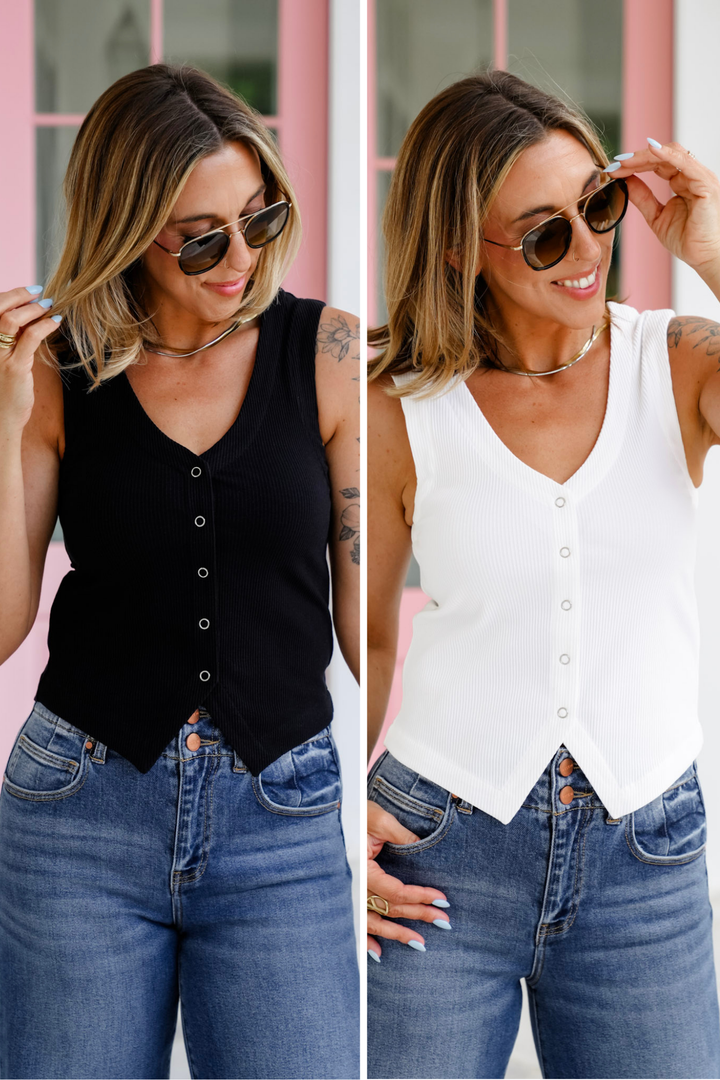 Plus/Reg Ribbed Knit V-Neck Snap Button Down Vest