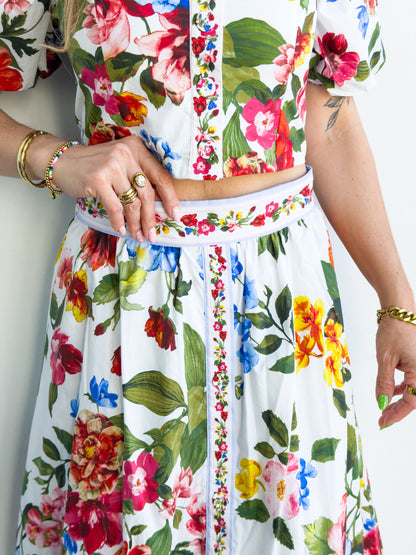Floral Border Puff Sleeve Smocked Crop Top