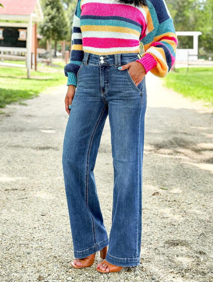 Restock! Judy Blue Anytime Anyplace Medium Wash High Waisted Double Button Wide Leg Jeans