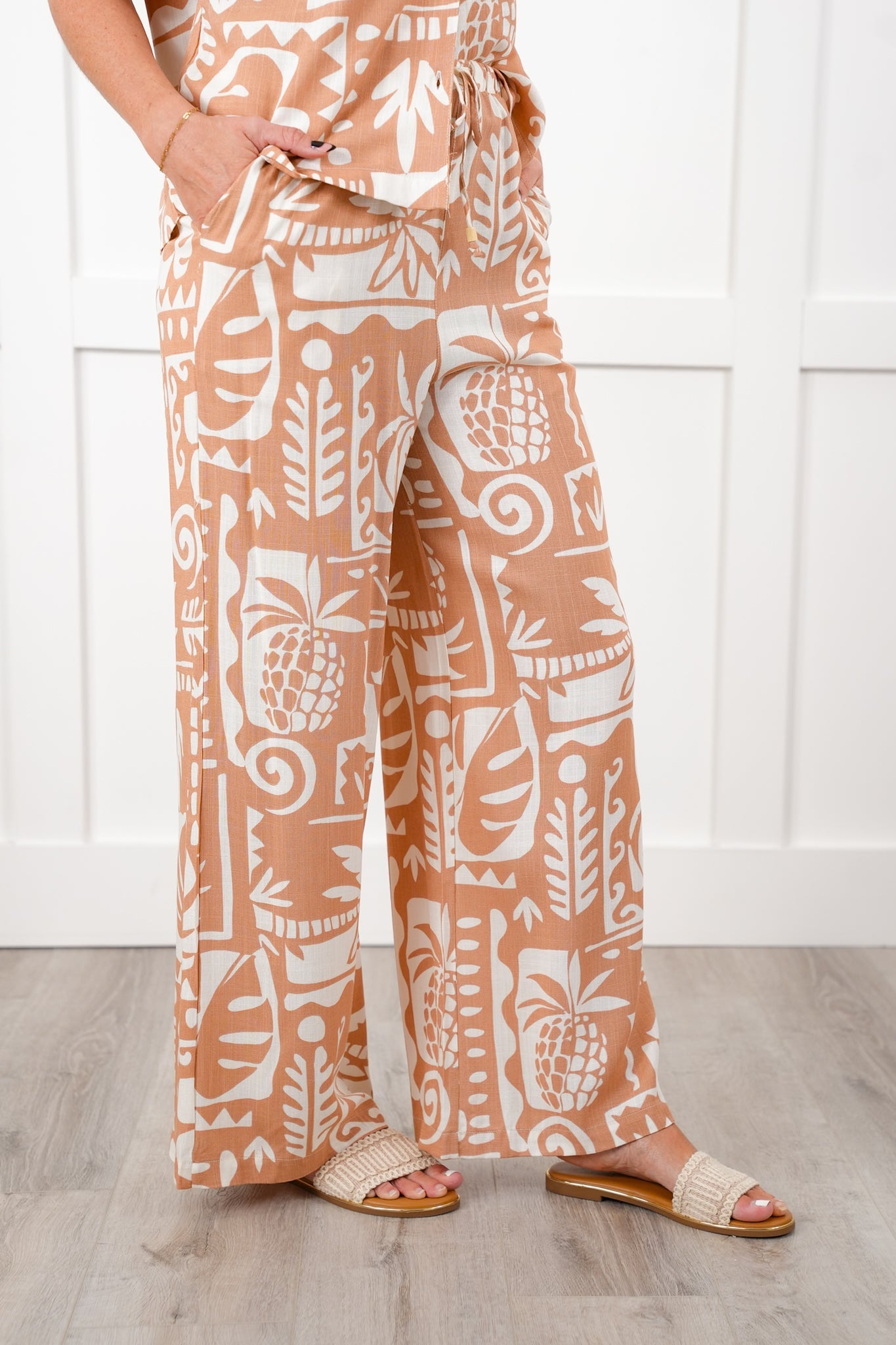 Tropical Print Elastic Waist Wide Leg Resort Pants