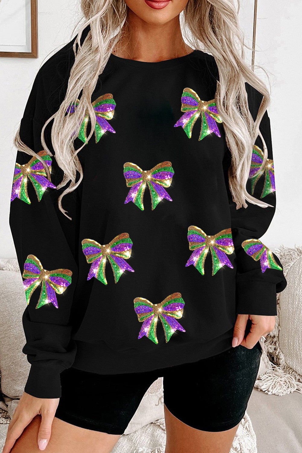 Plus/Reg Sequin Mardi Gras Bows Pullover Sweatshirt