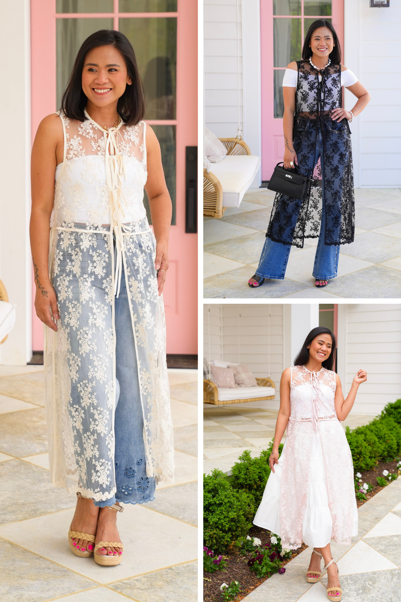Restock! Lace Sleeveless Long Vest with Tie Front Detail