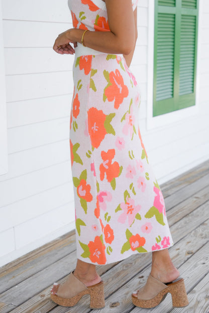 Floral Print Sweater Skirt with Elastic Waist