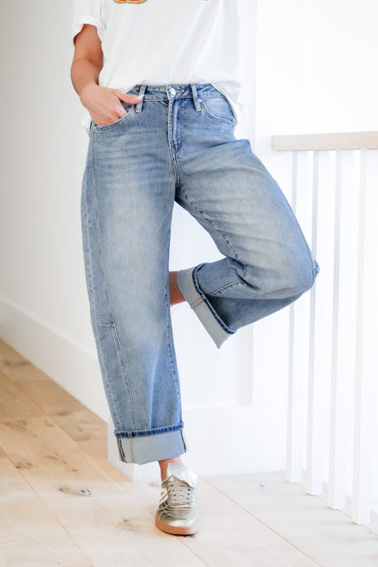 Mica High Rise Light Wash Barrel Jean with Cuffed Hem