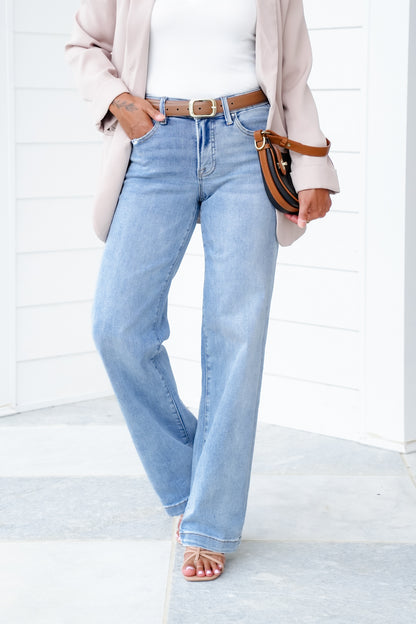 Risen Mid Rise Light Wash Tummy Control Elastic Waistband Wide Leg Jeans