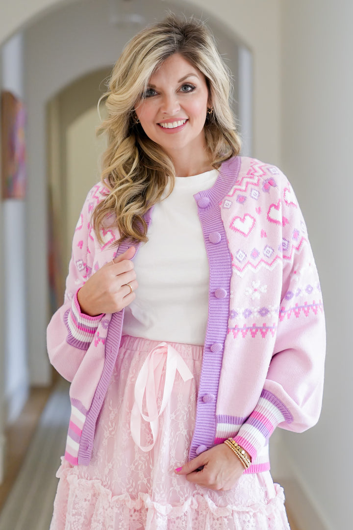 Plus/Reg Heart Pattern Long Sleeve Button Down Cardigan