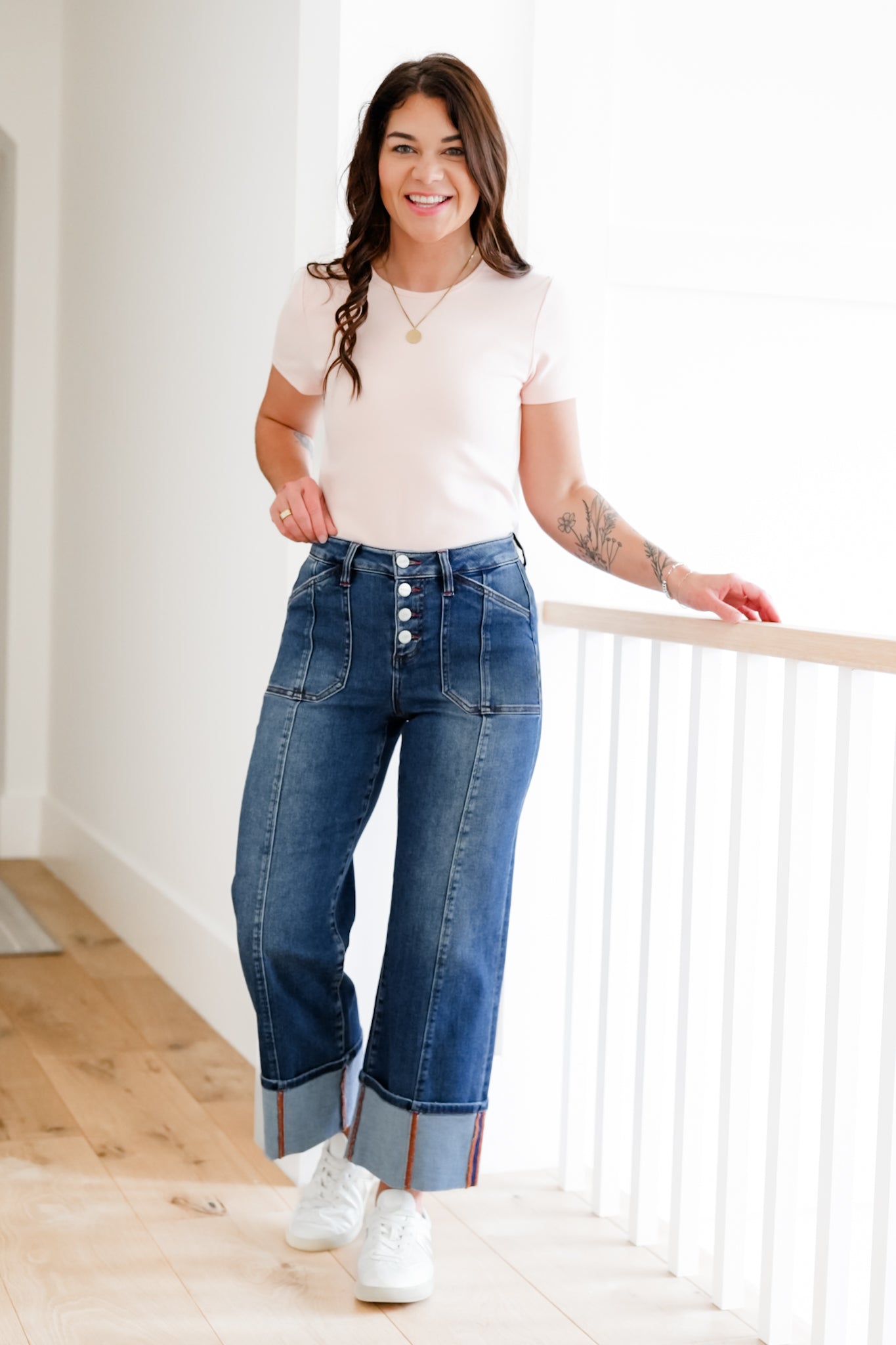Risen Multi Inseam High Rise Dark Wash Cropped Wide Cuffed Straight Leg Jeans