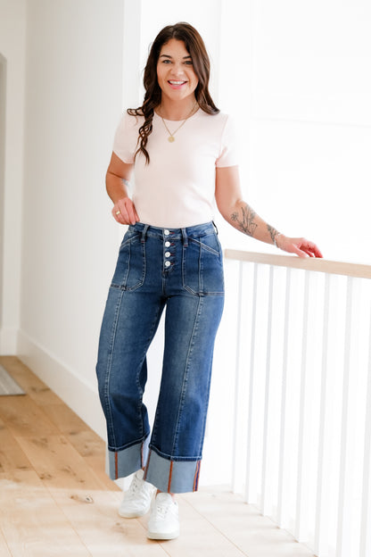 Risen Multi Inseam High Rise Dark Wash Cropped Wide Cuffed Straight Leg Jeans