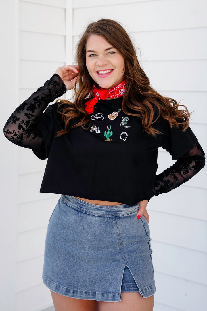Long Burnout Sleeve Layered Crop Top with Embroidered Western Theme Detail