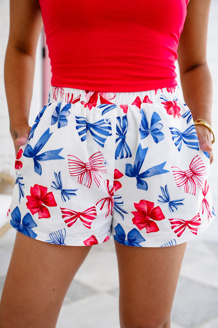 Bow Pattern Elastic Waistband Shorts With Pockets