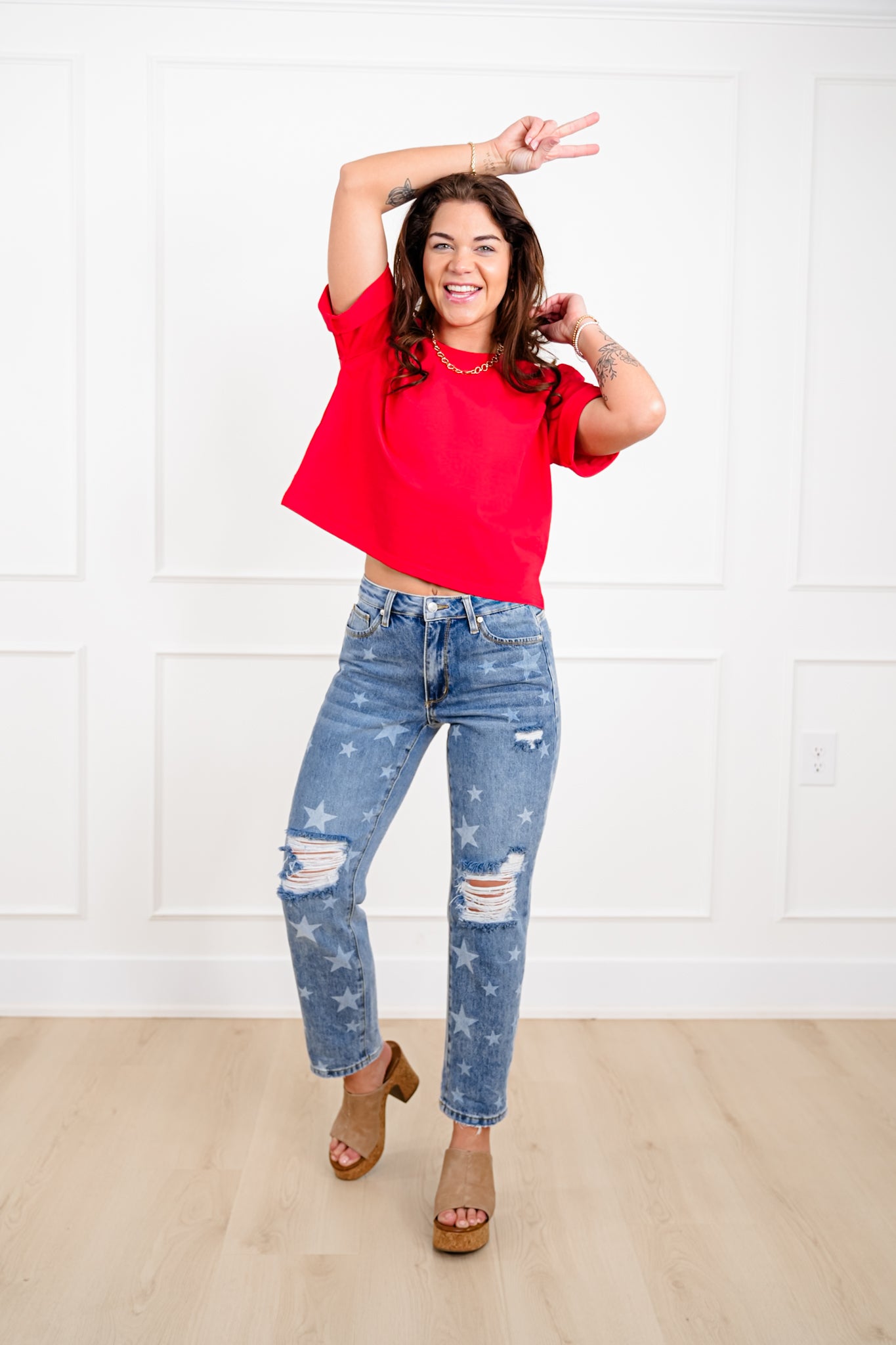 Saige Mid Rise Medium Wash Slim Boyfriend Jeans with Star Print