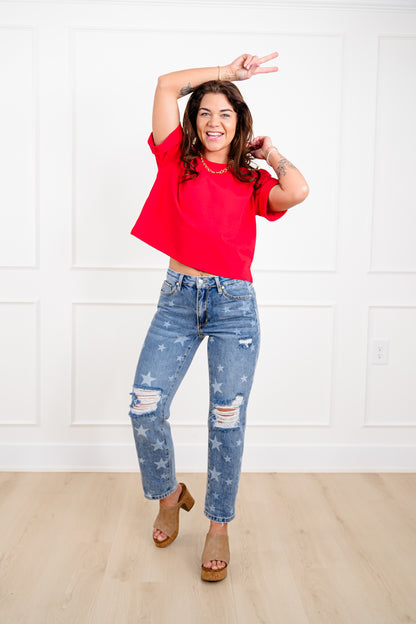 Saige Mid Rise Medium Wash Slim Boyfriend Jeans with Star Print