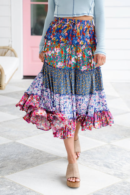 Plus/Reg Mixed Floral Print Elastic Waist Tiered Skirt