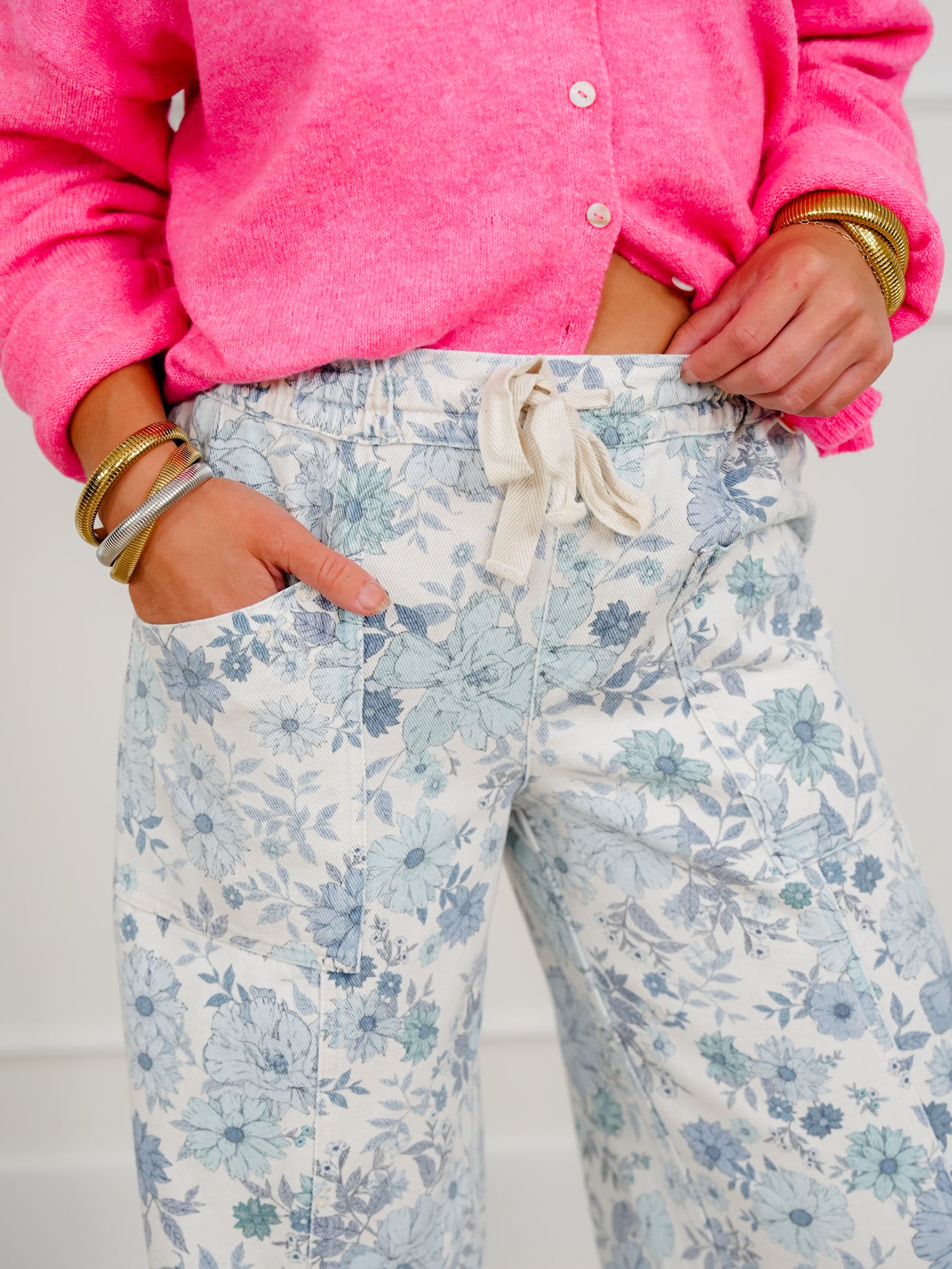 Blue Floral Print Elastic Waist Twill Wide Leg Pants