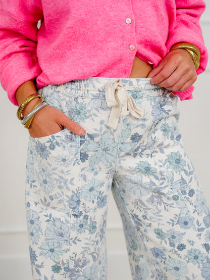 Blue Floral Print Elastic Waist Twill Wide Leg Pants