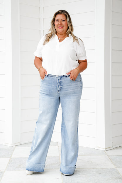 Risen High Rise Light Wash Tummy Control Cuffed Wide Leg Jeans