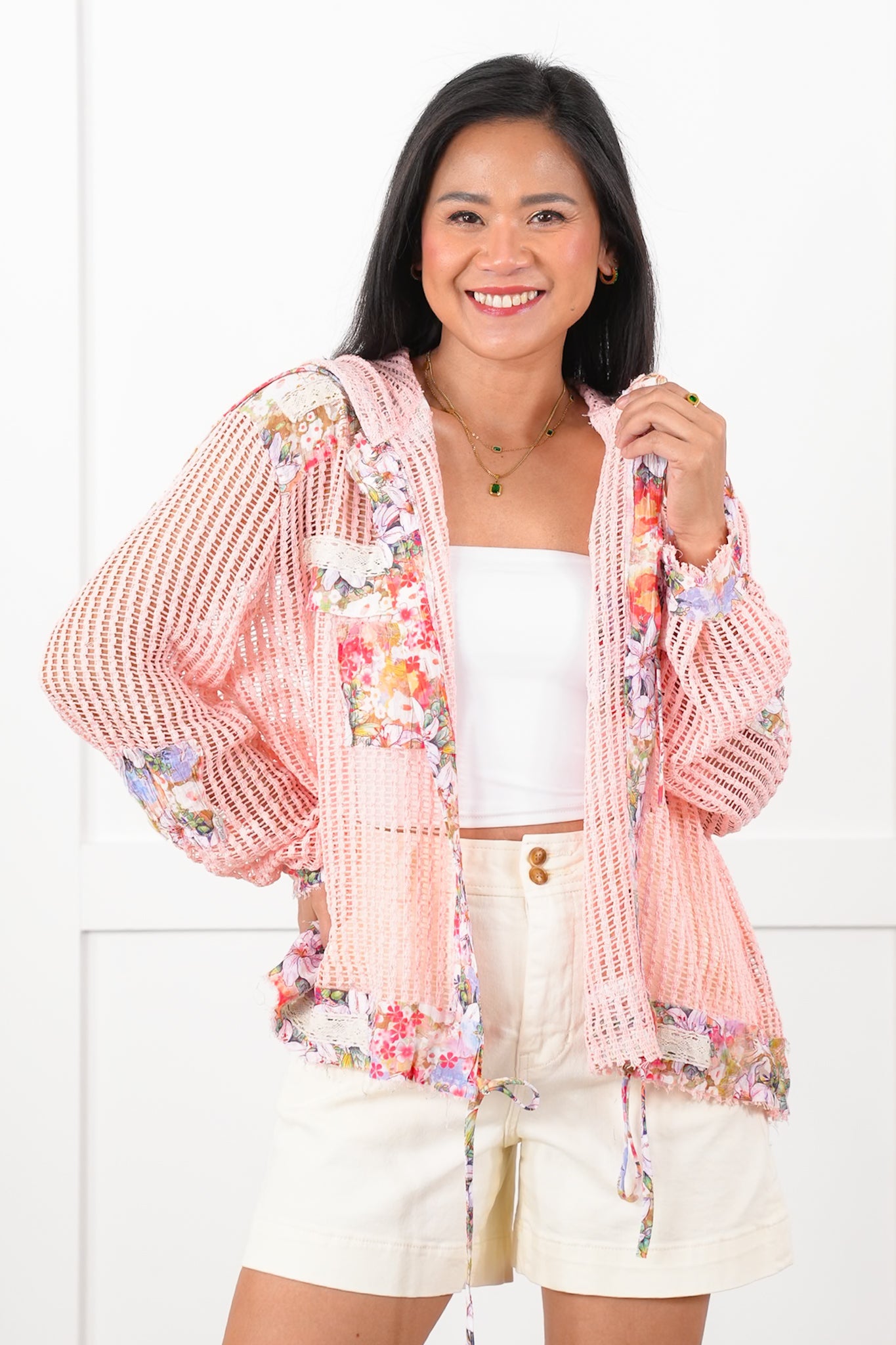 POL Crochet Long Sleeve Button Down Hooded Jacket with Floral Detail