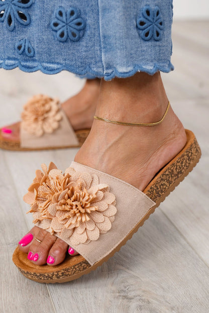 Corky's "Wild Child" Cork Slide Sandals with Floral Accents