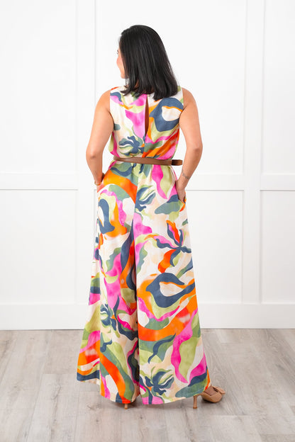 Abstract Print Sleeveless V Neck Wide Leg Jumpsuit