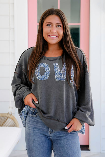 POL Knit Long Sleeve Top with Floral "Love" Patch Detail