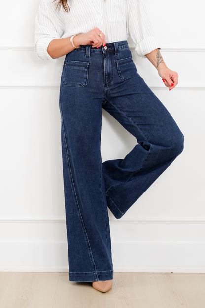 Judy Blue "The Blaire" High Rise Dark Wash Retro Wide Leg Jeans with Twisted Seams