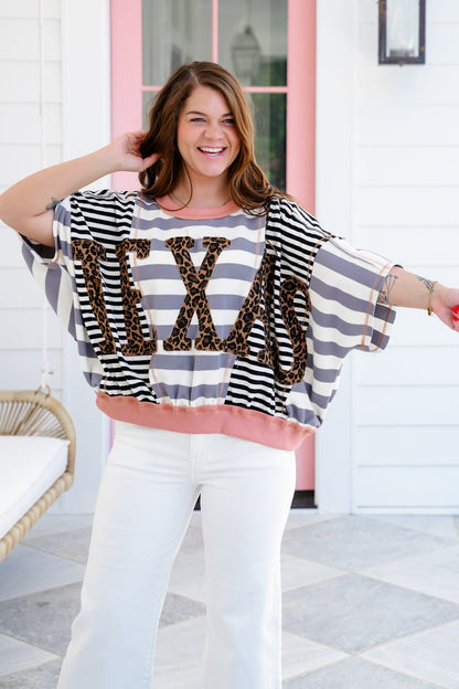Stripe Short Dolman Sleeve "Texas" Leopard Patchwork Top
