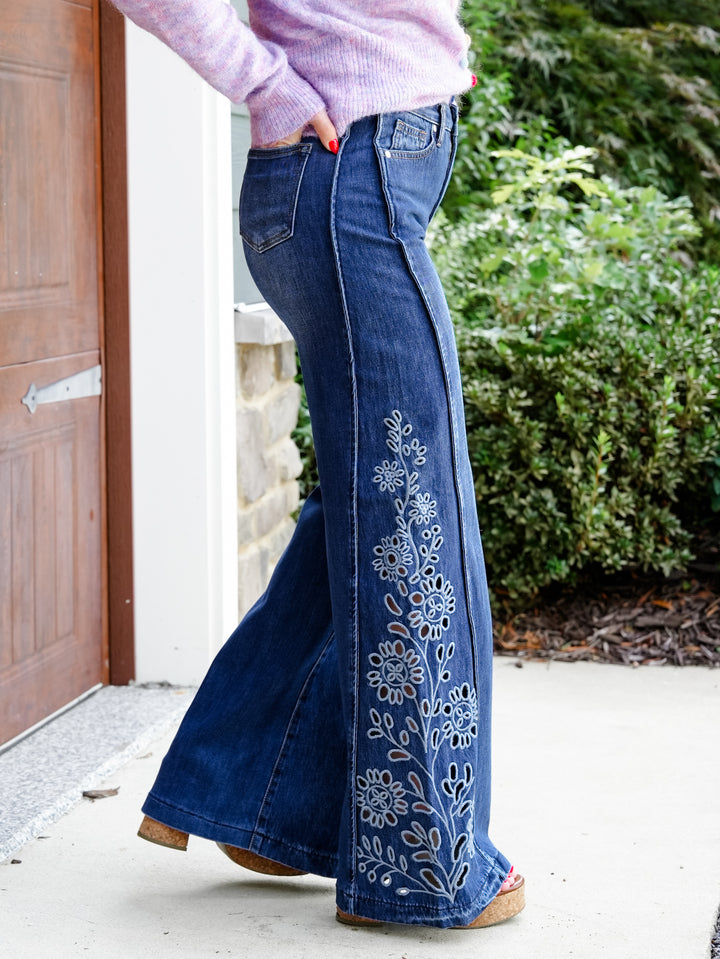 Saige High Rise Medium Wash Tummy Control Wide Leg Jeans with Eyelet Embroidery
