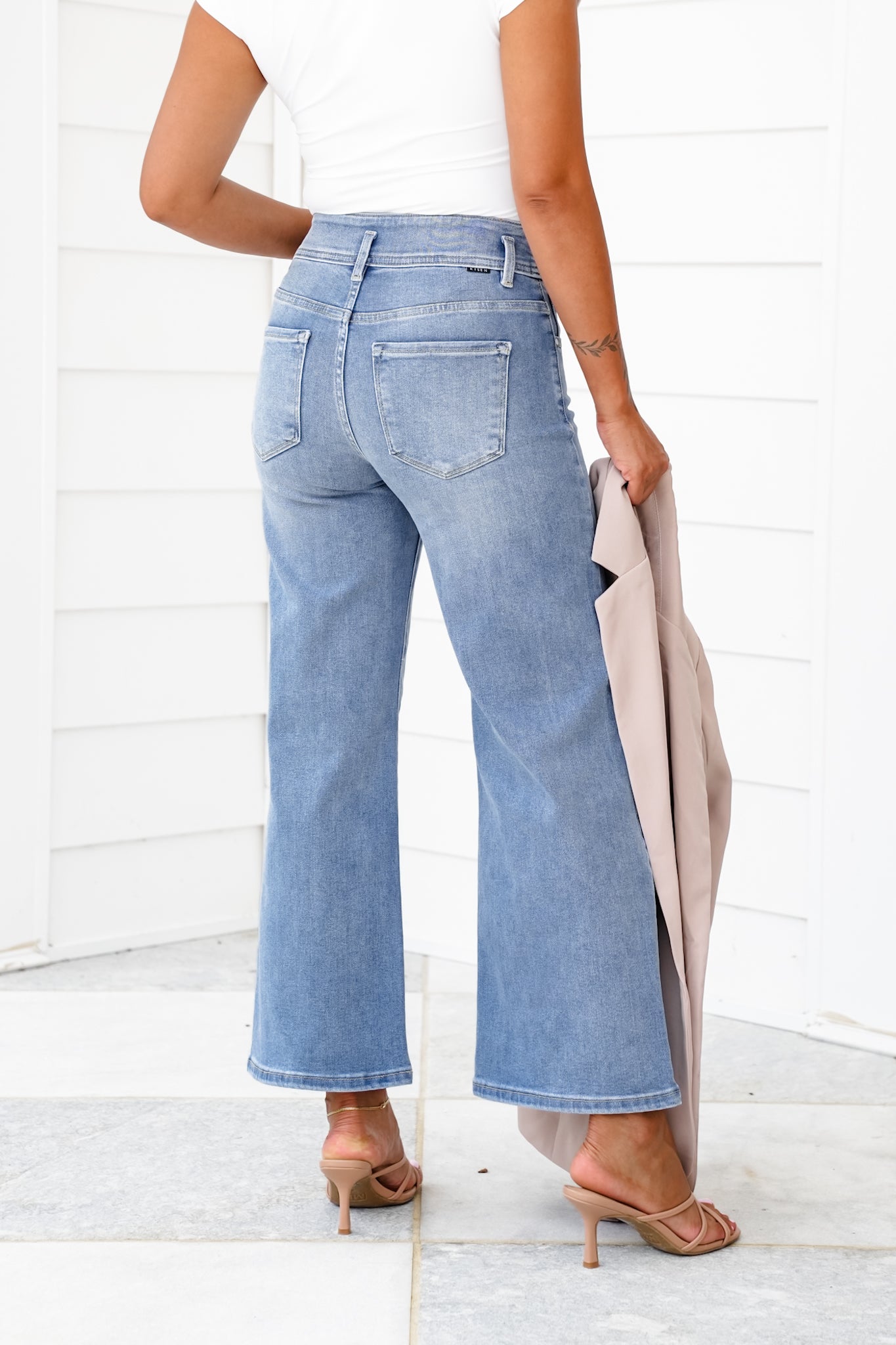 Risen High Rise Medium Wash Tummy Control Crop Wide Leg Jeans with Bow Detail