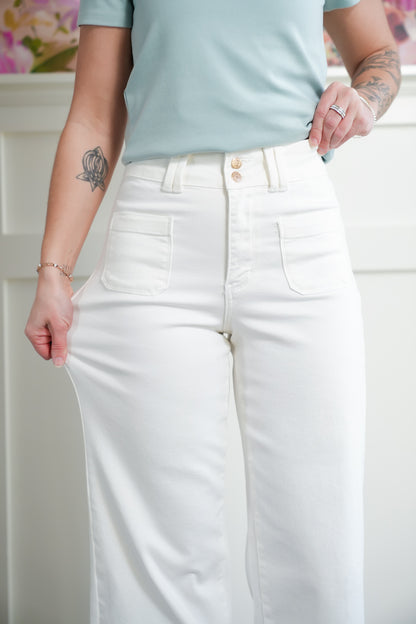 Judy Blue High Rise White Cropped Wide Leg Jeans with Patch Pockets