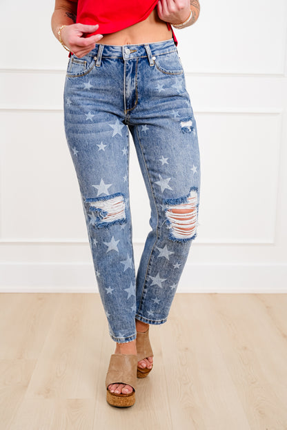 Saige Mid Rise Medium Wash Slim Boyfriend Jeans with Star Print