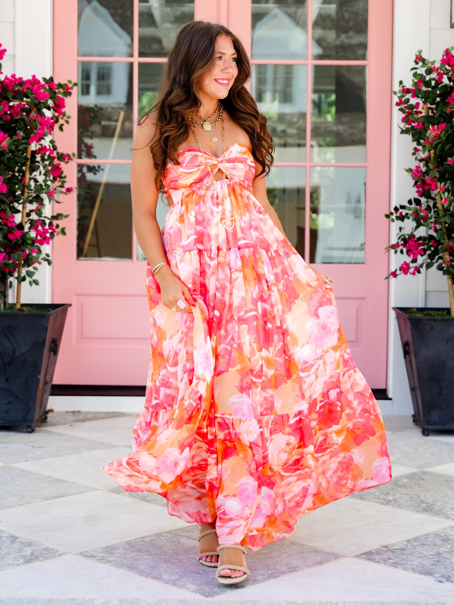 Floral Strapless Twisted Ruched Bust Maxi Dress M