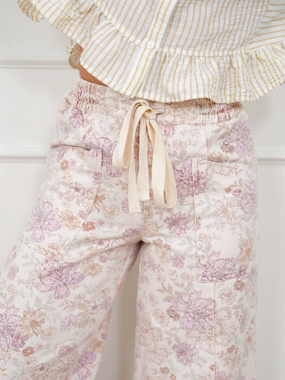 Floral Print Elastic Waist Twill Wide Leg Pants