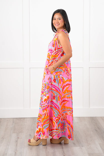 Multi Color Print Sleeveless Tie Shoulder Tiered Ruffle Midi Dress