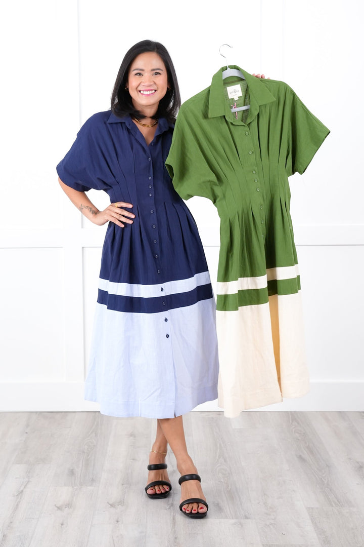 Color Block Short Sleeve Button Down Midi Dress