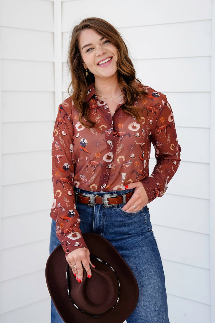 Western Print Long Sleeve Button Down Blouse