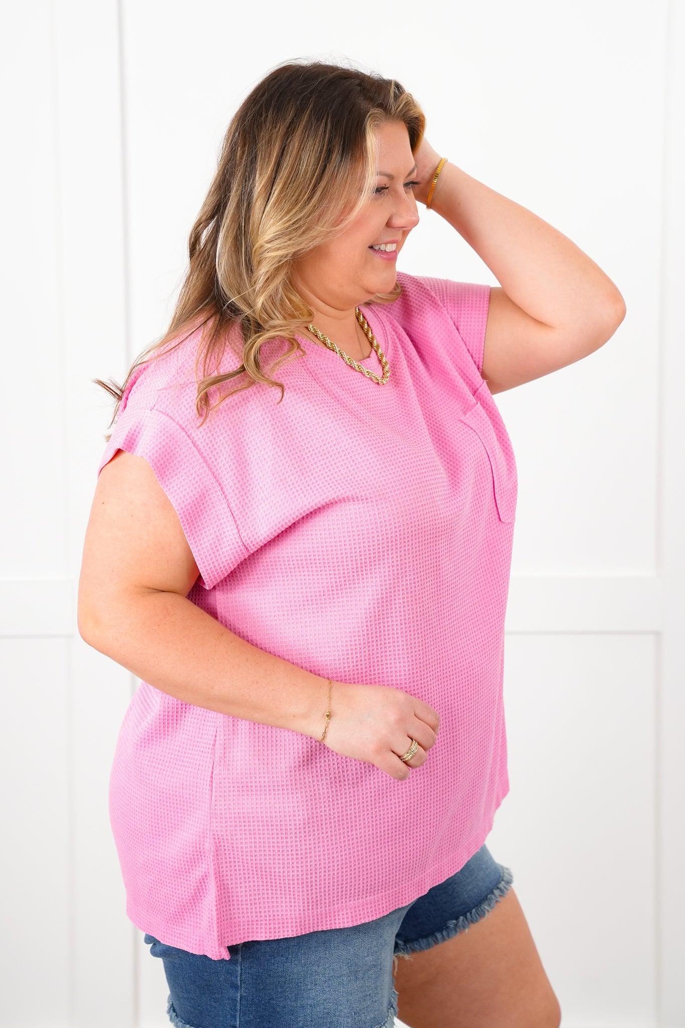 Door Buster! Plus/Reg Waffle Knit Short Dolman Sleeve Round Neck Top