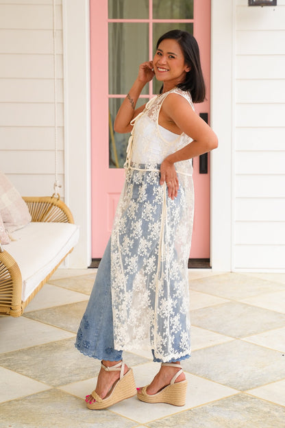 Restock! Lace Sleeveless Long Vest with Tie Front Detail