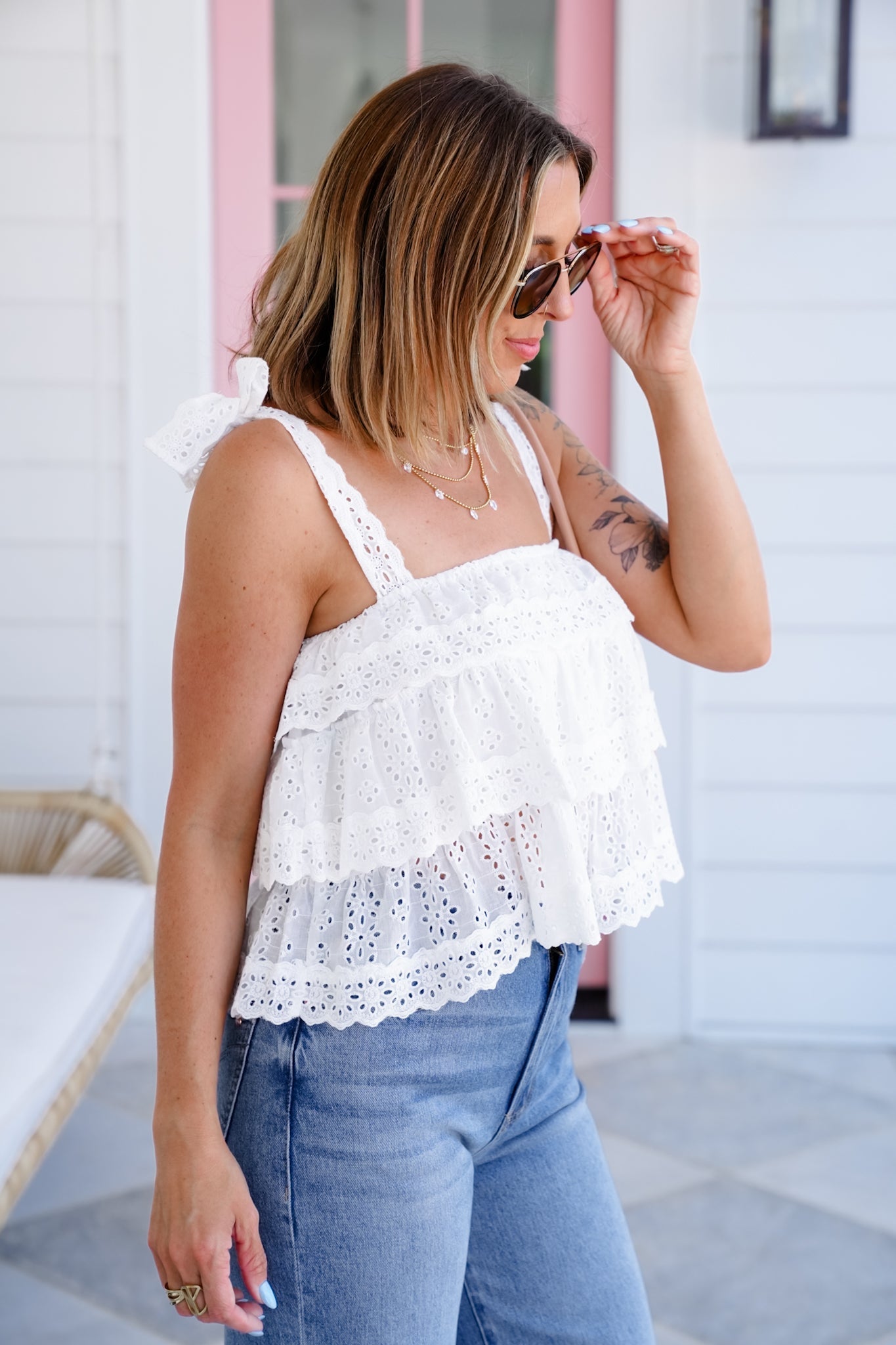 White Eyelet Sleeveless Tiered Tank Top