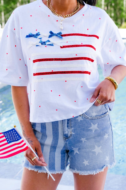 Short Sleeve Ribbon American Flag Top with Bow Detail