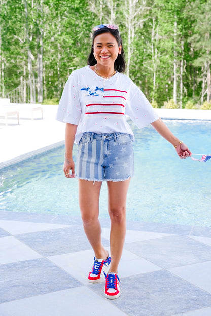 Short Sleeve Ribbon American Flag Top with Bow Detail